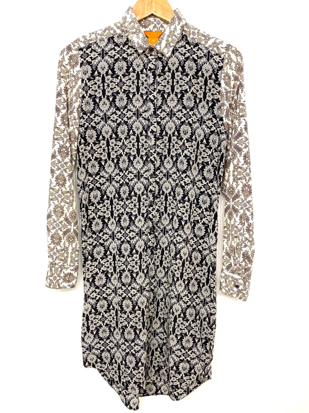 100% Silk Shirt Dress Black Cream Floral Midi Tunic Style Women’s Small